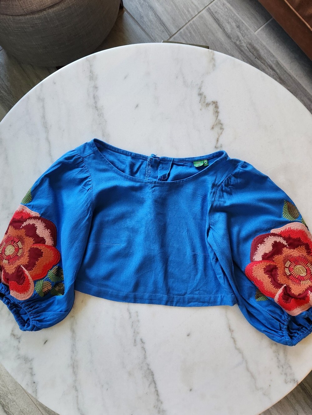 Farm Rio Blue Linen Crop Top With Floral Patches Size XS